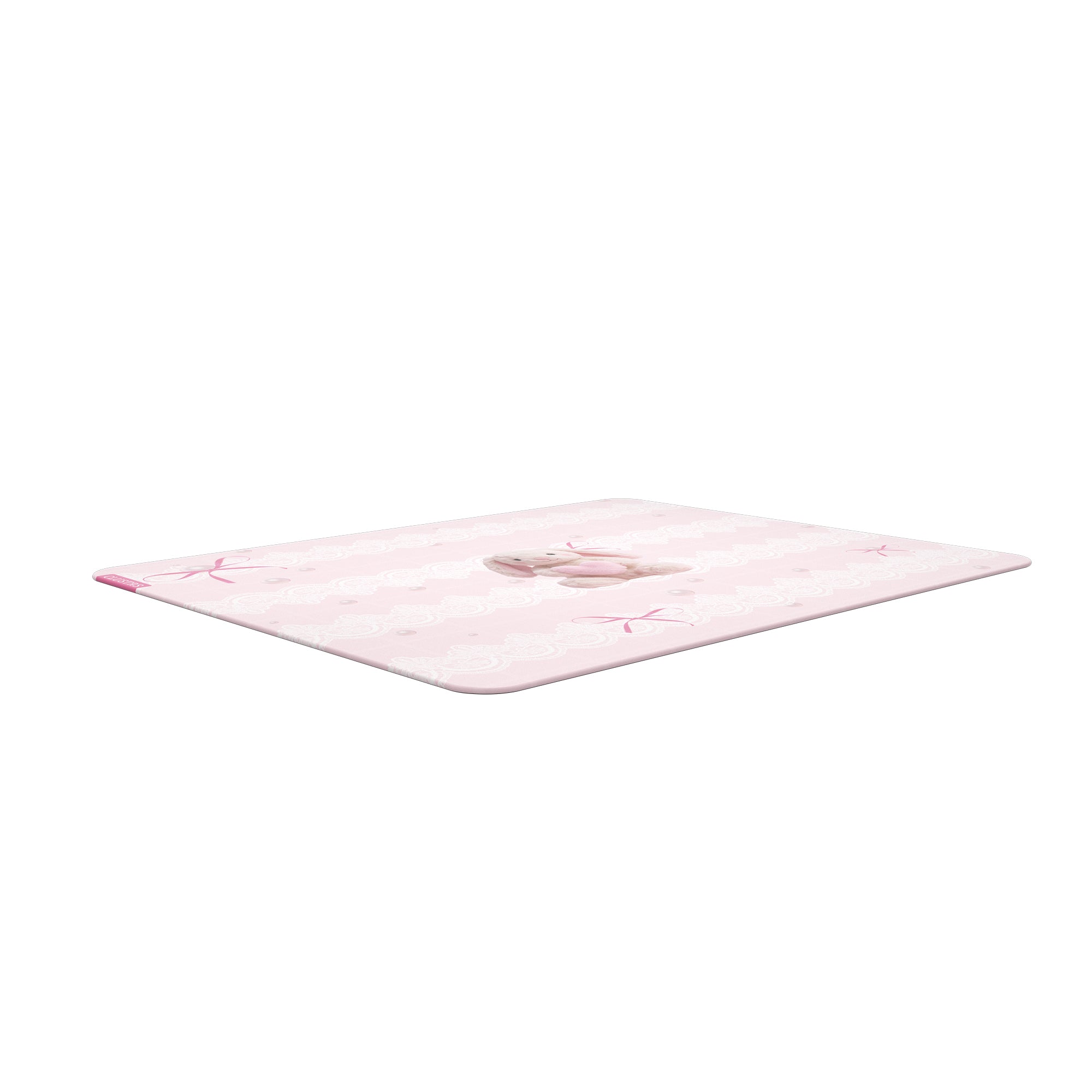 Low-angle view of the Pearl Bunny glass mousepad showing its slim profile and rounded edges.