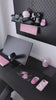 Black Lilies glasspad unboxing and desk setup reveal, designed for pink gaming setups and elegant dark desk aesthetics.