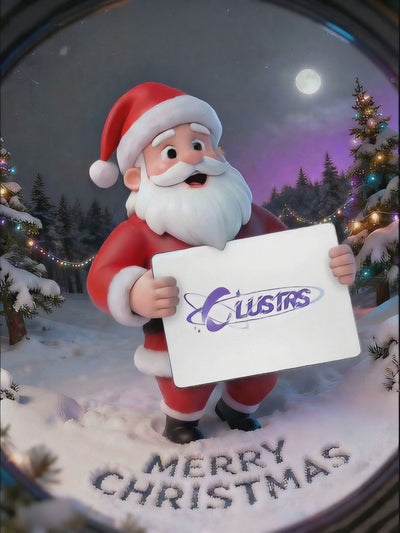 Clustrs Christmas sale banner video showcasing holiday discounts on glass mouse pads.