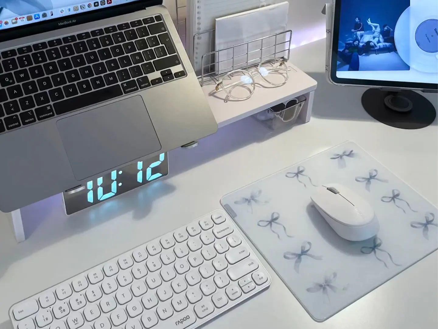 small glass mouse pad in a minimalist home study setup with channel cute design, perfect for compact desks and everyday productivity