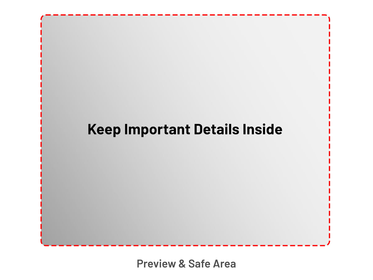 Custom glass mousepad preview showing a red dashed safe area where important design details should remain.