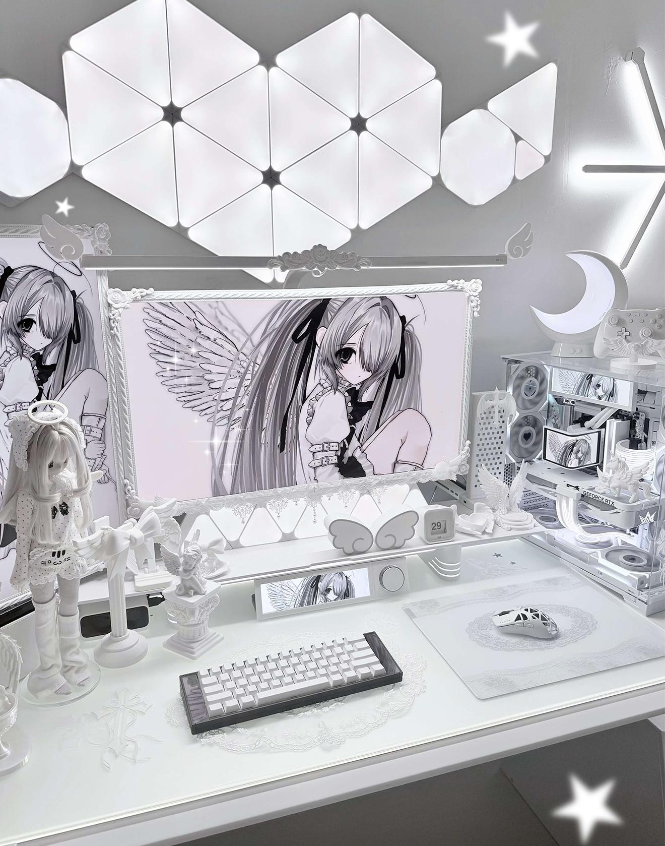 White Lacey glass mousepad in an all-white anime gaming setup with a custom PC, mechanical keyboard, and lace details.