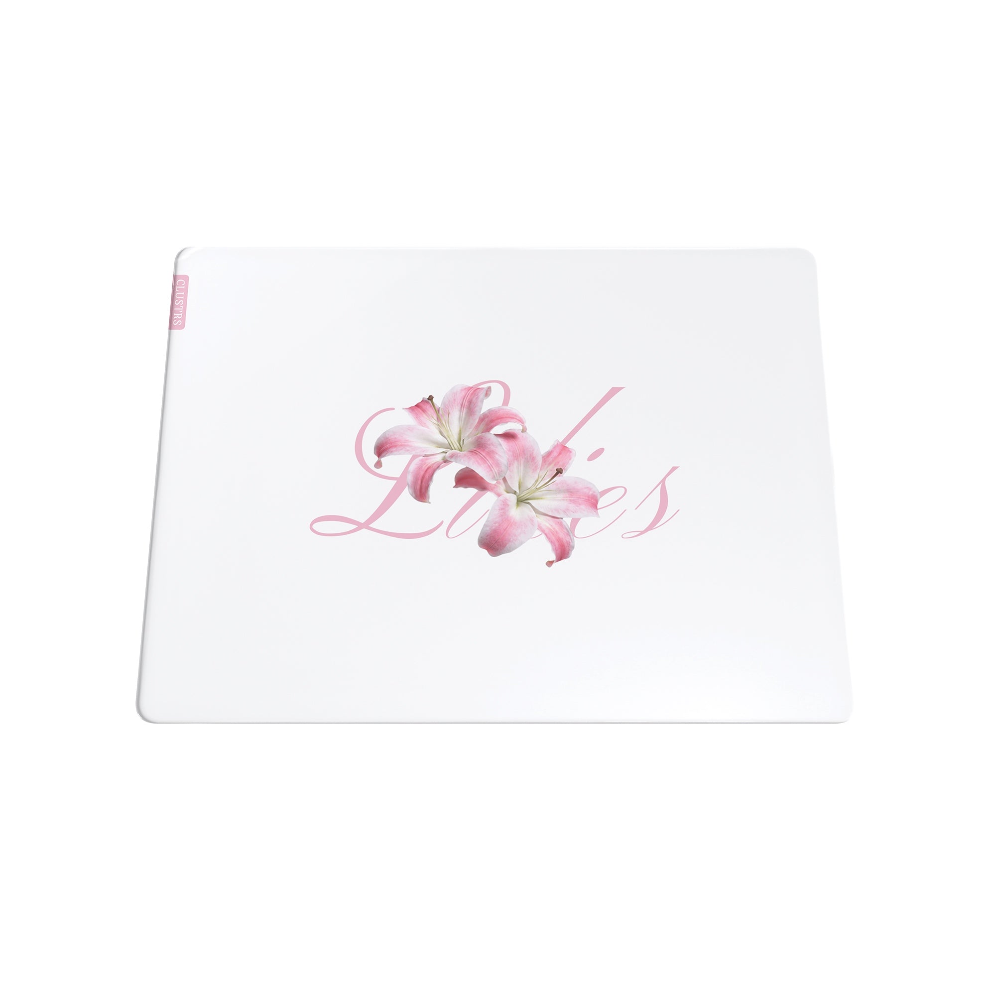 White Lilies glass mousepad shown from a front angle, featuring a soft floral design for cozy and aesthetic gaming setups.