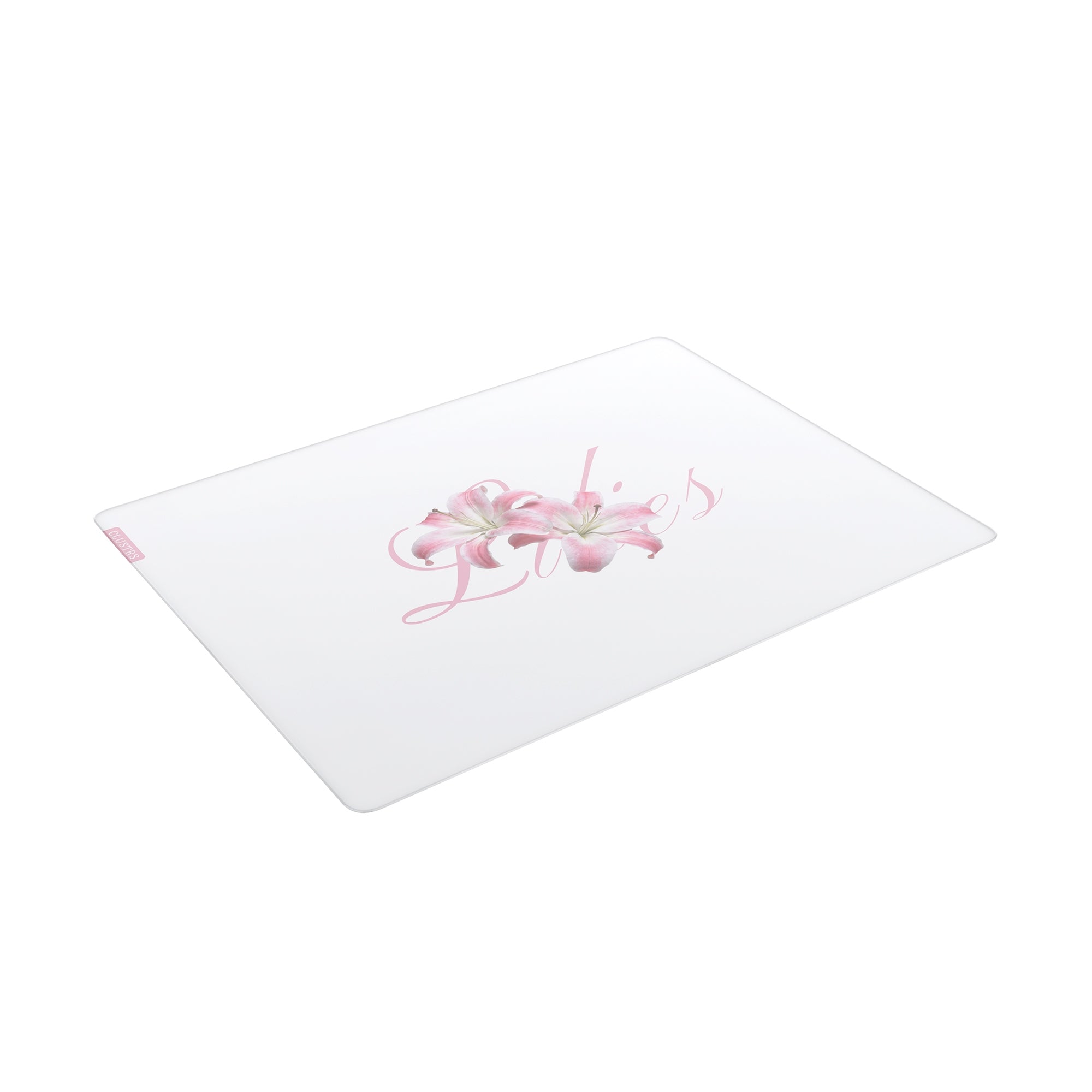 White Lilies glasspad front perspective view with floral artwork and smooth glass surface for refined desk setups.